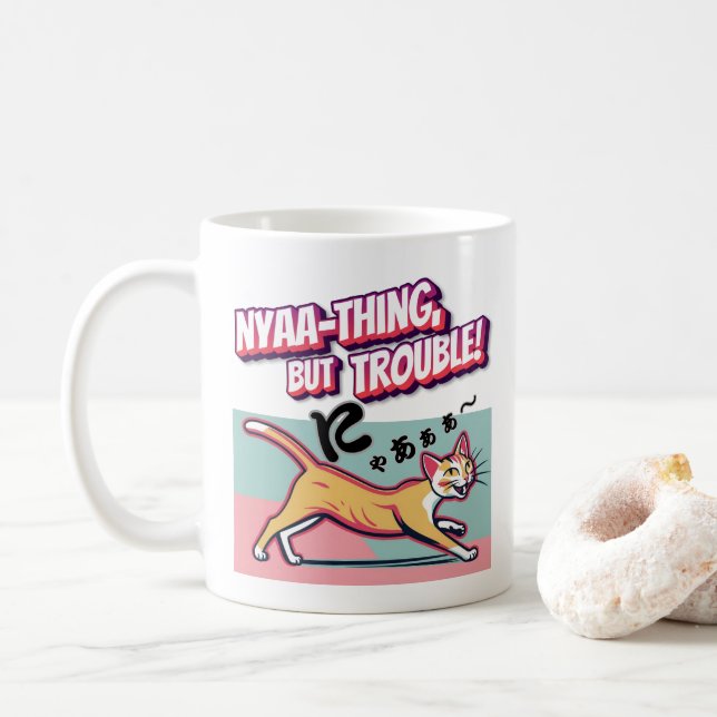 Taza De Café "Nyaaa-thing but Trouble" - Mischievous Calico Cat (Con donut)