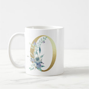 Taza De Café O, inicial dorada con follaje floral azul