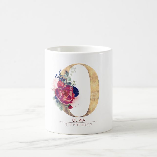 Taza De Café O Monograma Floral Borgoña Rojo y Azul Marina (Centro)