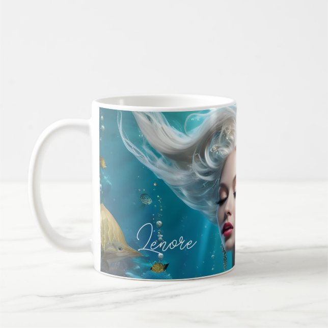 Taza De Café Océano turquesa de pelo plateado de sirena (Izquierda)