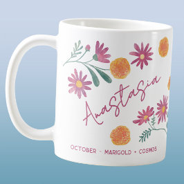 Taza De Café October Birth Flower Custom Name Marigold Cosmos