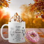Taza De Café Octubre Marigold y Cosmos Cumpleaños Keepsake<br><div class="desc">Octubre en realidad tiene dos flores y dos piedras preciosas en celebración de los cumpleaños de este mes: flores — caléndulas y cosmos; piedras preciosas — tormalina rosa y opal. Este diseño tiene todas las características. Este diseño presenta detalles en blanco, negro y los colores de la piedra blanca. Lo...</div>