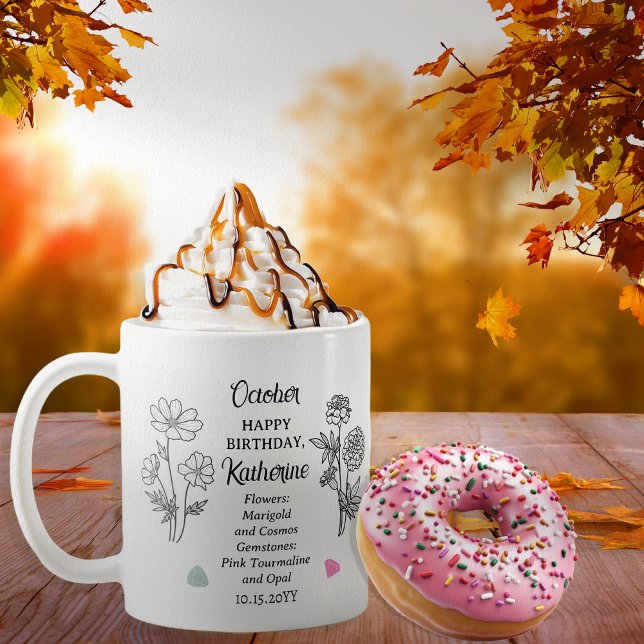 Taza De Café Octubre Marigold y Cosmos Cumpleaños Keepsake (October Floral and Birthstone Birthday Keepsake Coffee Mug)