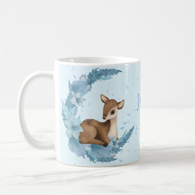 Taza De Café Oh, ciervo adorable Bambi azul Flores nubes polvo (Izquierda)