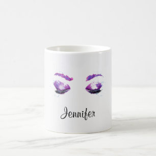 Taza De Café Ojos y cejas púrpura glamurosos acuarela 