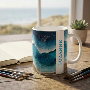 Taza De Café Olas de aspecto de resina azul playa