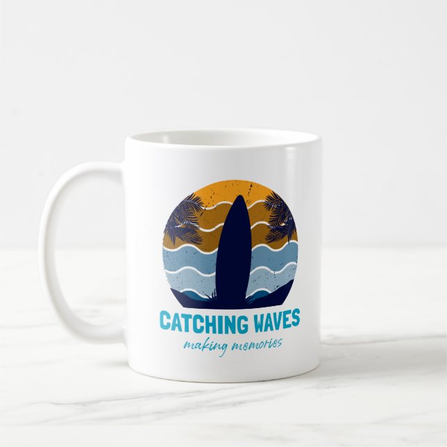 Taza De Café Olas de caza Arte Retro Surfboard Beach (Izquierda)