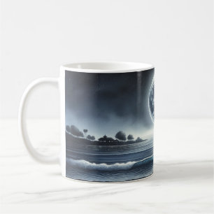 Taza De Café Olas del océano iluminadas por la luna, cielo noct