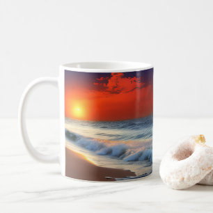 Taza De Café Olas del océano y puesta de sol en ducha de arena