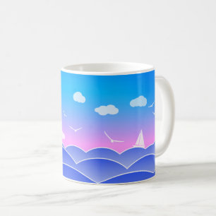Taza De Café Olas oceánicas azules, velero, gaviotas, capa mar