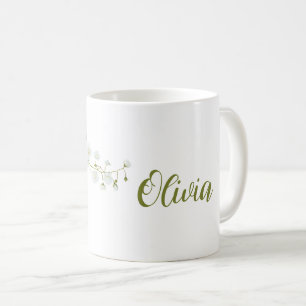 Taza De Café Olivia simple nombre rosas blancas elegante
