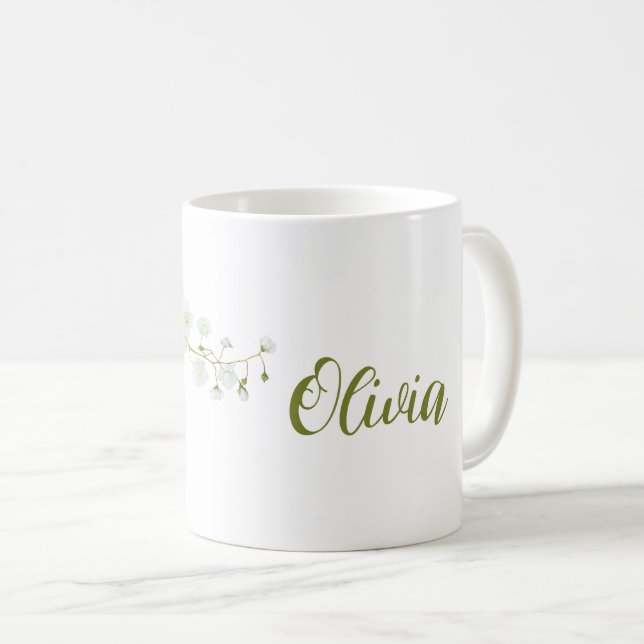 Taza De Café Olivia simple nombre rosas blancas elegante (Anverso derecho)