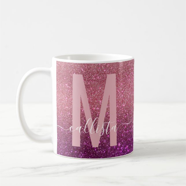 Taza De Café Ombre Monograma de triple Purpurina rosa violeta m (Izquierda)