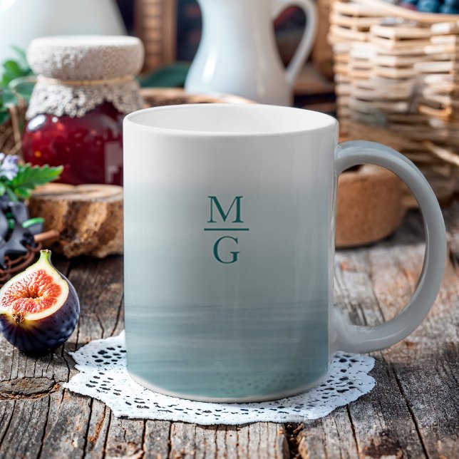 Taza De Café Ombre Watercolor Beach Monograma Verde azulado (This mug features a watercolor ombre background that feels like a beach with a monogram.)