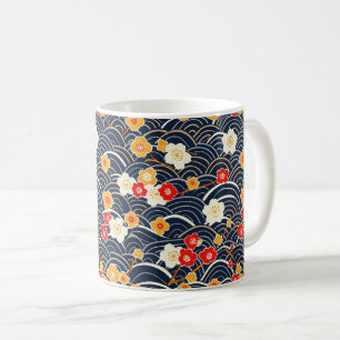 Taza De Café Onda Japonesa de Ciruela Floral Patrón en Azul Mar