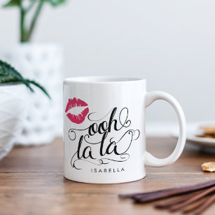 Taza De Café Ooh La La Black & Pink Lip Print Typography