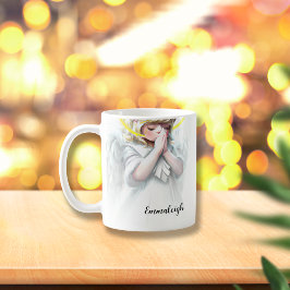 Taza De Café Orando Niña Ángel con Alas Halo