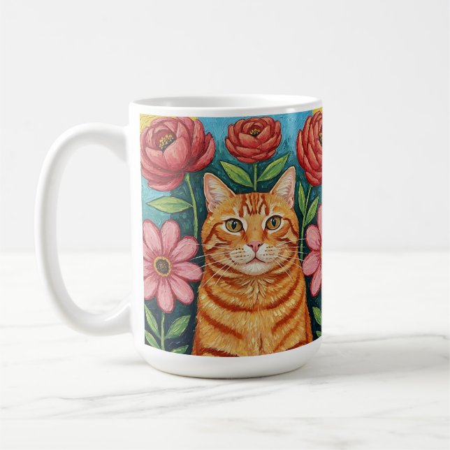 Taza De Café Orange Cat Folk Art Flowers (Izquierda)