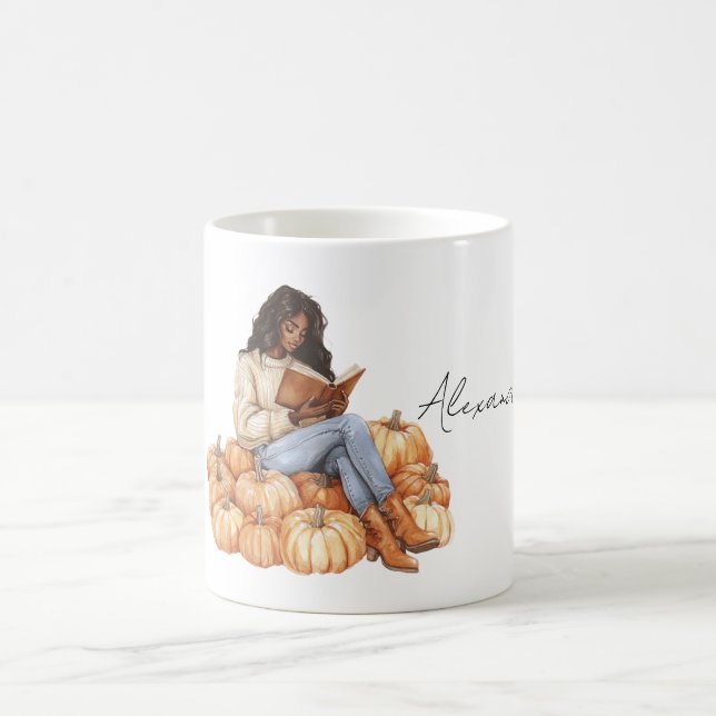 Taza De Café Orange Pumpkins Black Girl with Book (Centro)
