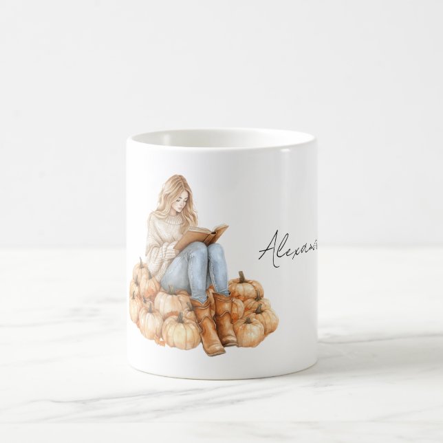 Taza De Café Orange Pumpkins Girl with Book (Centro)