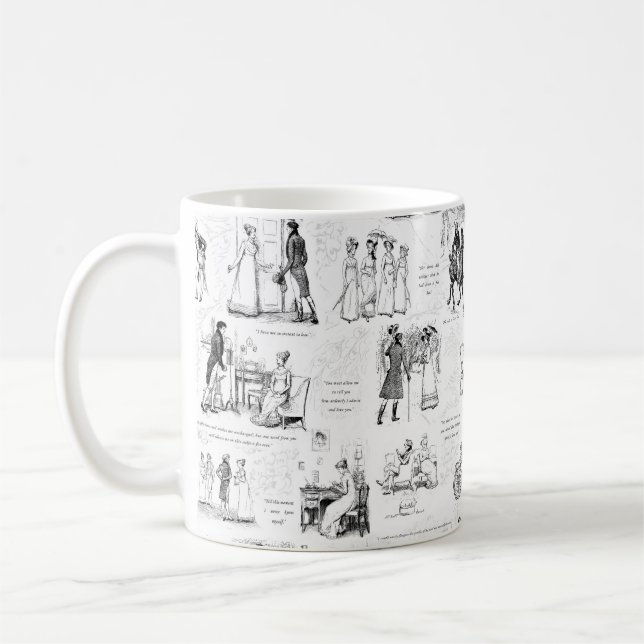 Taza De Café Orgullo y prejuicio citas de tela blanca negra (Izquierda)