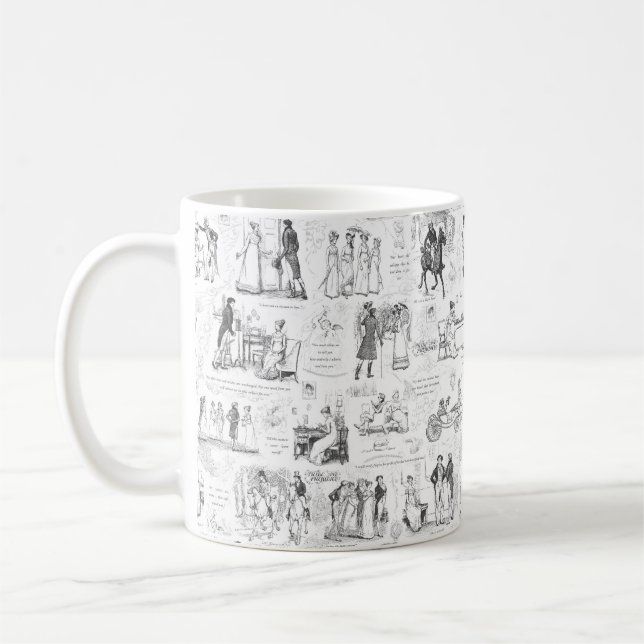 Taza De Café Orgullo y prejuicio citas de tela blanca negra (Izquierda)