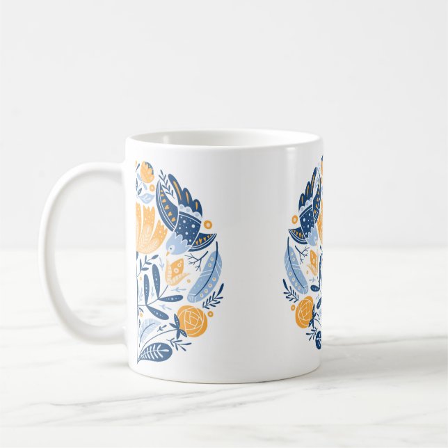 Taza De Café Ornamento de arte popular con aves, rosas y flowe (Izquierda)
