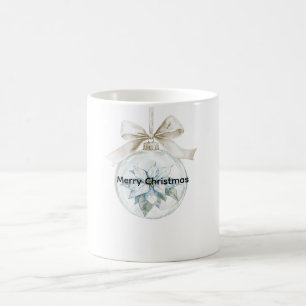 Taza De Café Ornamento de Navidad Blue Floral White Bow