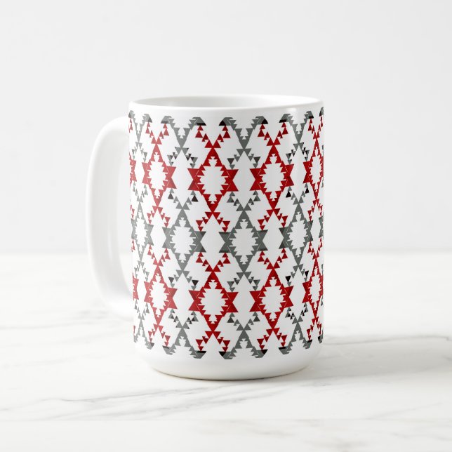 Taza De Café Ornamento geométrico en rojo y gris en blanco. (Anverso izquierdo)