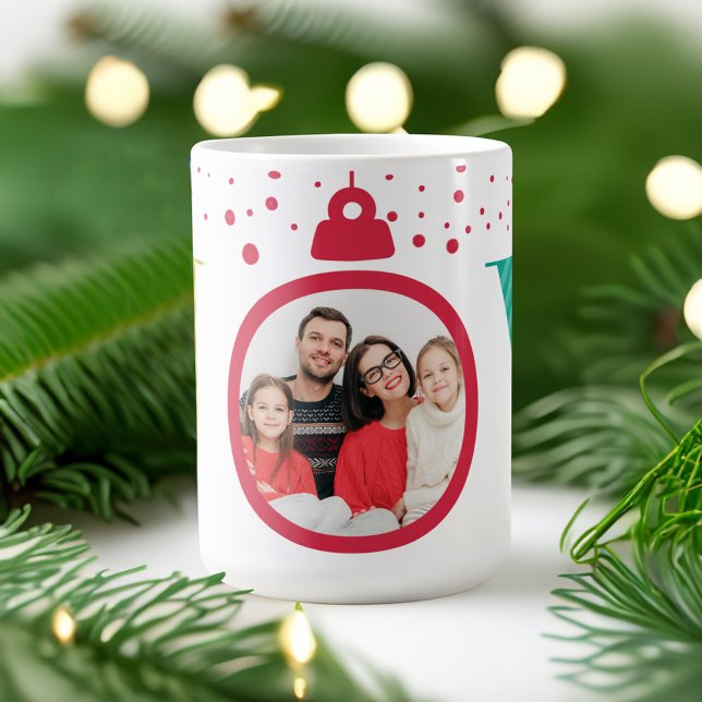 Taza De Café Ornamento rojo moderno brillante "alegría" | Foto  (Modern Bright "Joy" Red Ornament | Holiday Photo Coffee Mug)