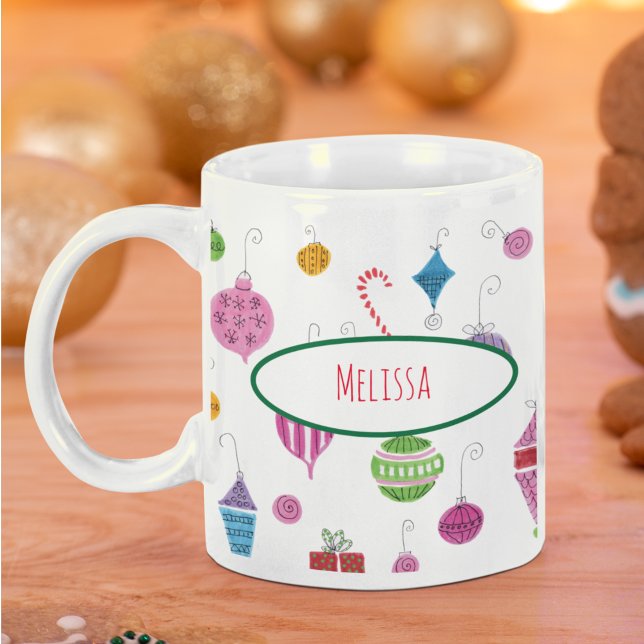 Taza De Café Ornamentos de Navidad retro nostálticos personaliz (This nostalgic Christmas mug features my own unique hand-drawn holiday ornaments, in jewel tones.)