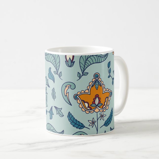 Taza De Café Ornate floral pattern on a pale blue background (Anverso derecho)