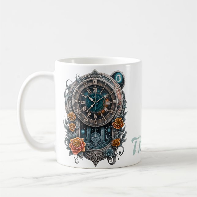 Taza De Café Ornate Steampunk Clock con Rosas. (Izquierda)