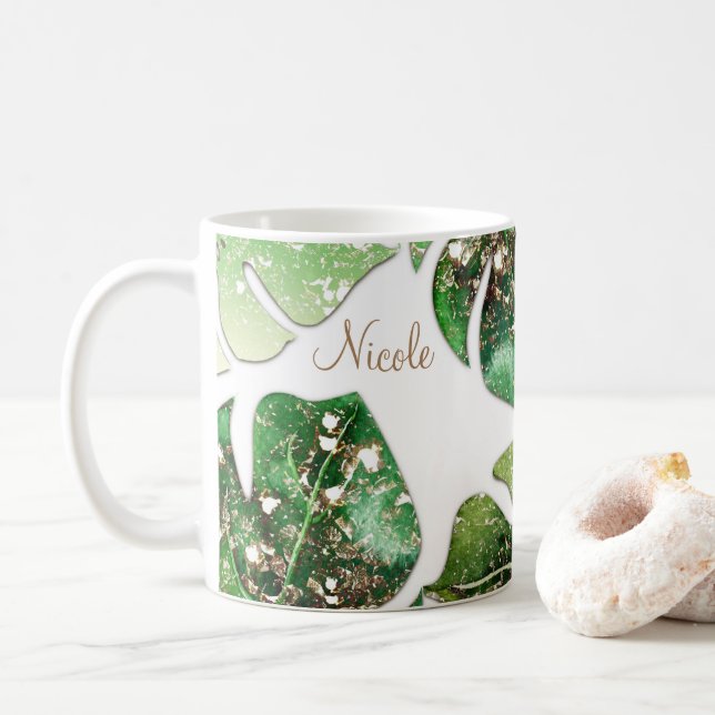 Taza De Café Oro Brillo Destello Glam Hojas Tropicales Verano (Con donut)
