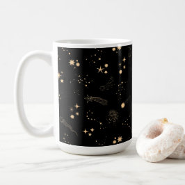 Taza De Café Oro disparando estrellas cometas planetas noche de