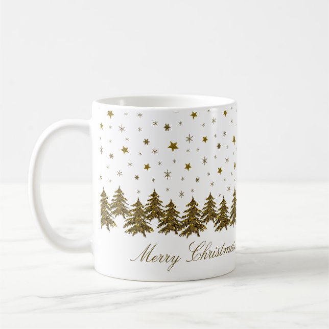 Taza De Café Oro espumoso árbol de Navidad, luna, estrellas Nav (Izquierda)