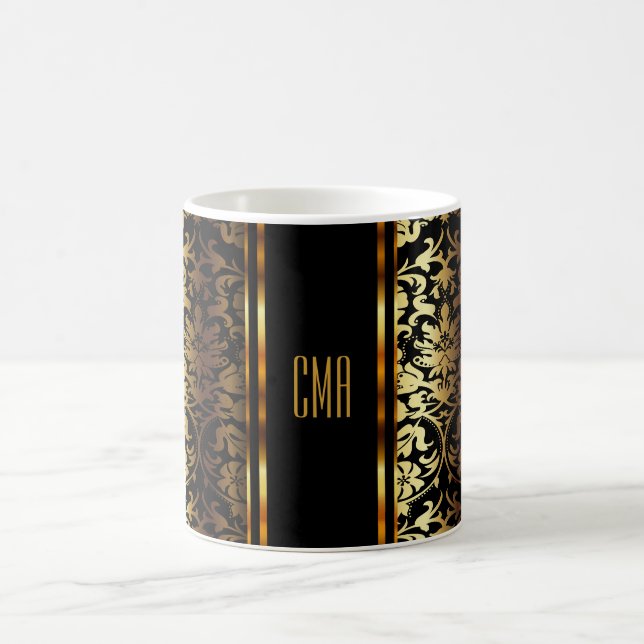 Taza De Café Oro metálico del monograma y damasco negro (Centro)