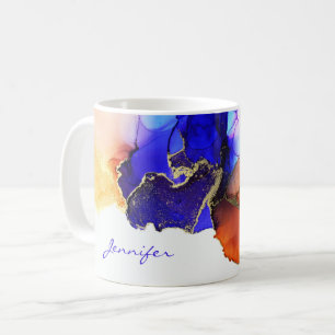 Taza De Café Oro Naranja Azul Abstracto Tinta Alcoholica Nombra