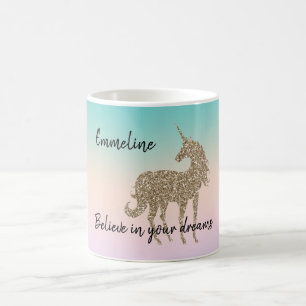 Taza De Café Oro Purpurina Unicorn Aqua Peach Peach Pink Ombre