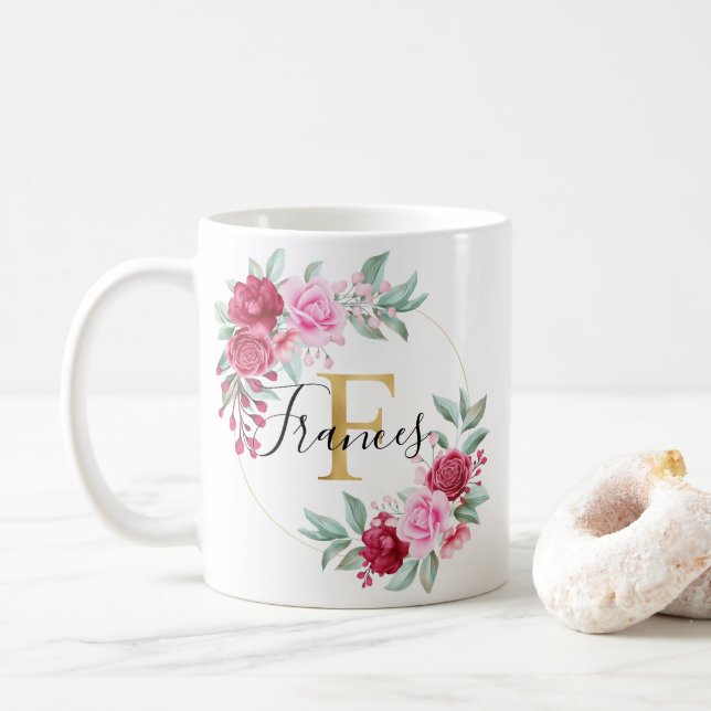 Taza De Café Oro Rojo Dorado acuarela Floral Monograma F (Con donut)