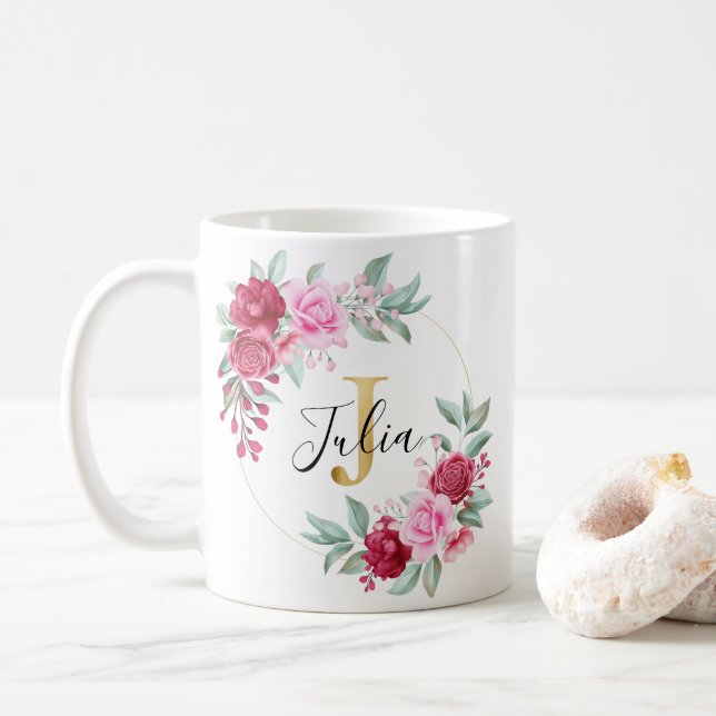 Taza De Café Oro Rojo Dorado Acuarela Floral Monograma J (Con donut)
