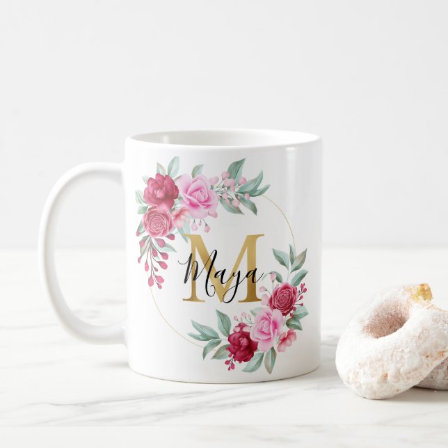 Taza De Café Oro Rojo Dorado acuarela Monograma floral M (Con donut)