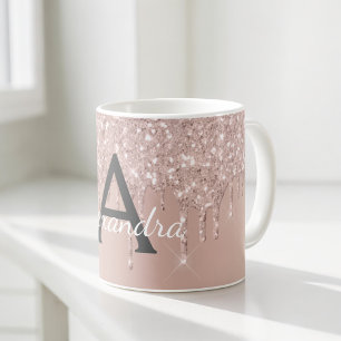 Taza De Café Oro Rosa - Monograma de Nombre con Brillo Rosa
