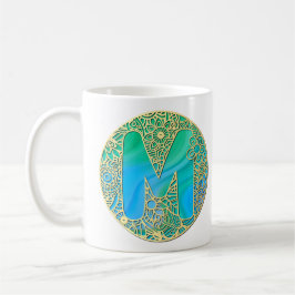 Taza De Café Oro, Turquesa Monograma M y Flores Coloridas