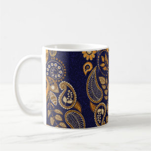 Taza De Café Oro y azul, floral sin costuras.