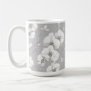 Taza De Café Orquídea blanca acuarela sobre gris  