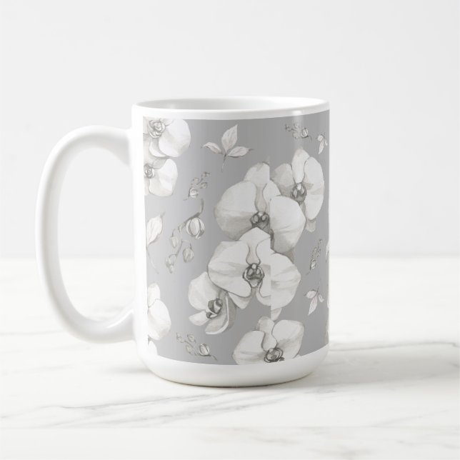 Taza De Café Orquídea blanca acuarela sobre gris | (Izquierda)