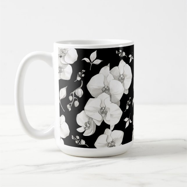 Taza De Café Orquídea blanca acuarela sobre negro | (Izquierda)