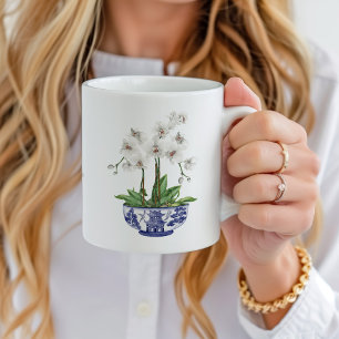 Taza De Café Orquídea Blanca en Tazón de Cerámica Chinoiserie 