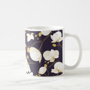 Taza De Café Orquídea dorada y blanca elegante con flores de pú